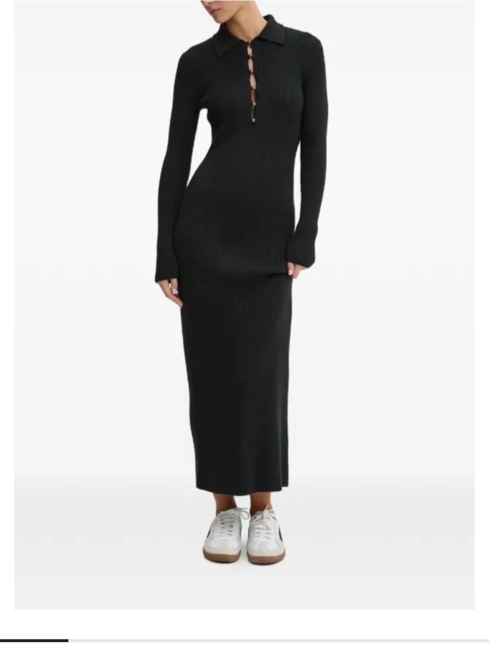 Abercrombie & Fitch Black Ribbed Long-Sleeve Polo Midi Dress